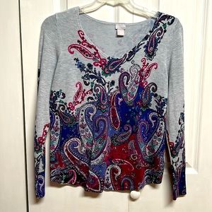 Chico’s Gray Multi Color Paisley Print V Neck Long Sleeve Top Size 0 / S